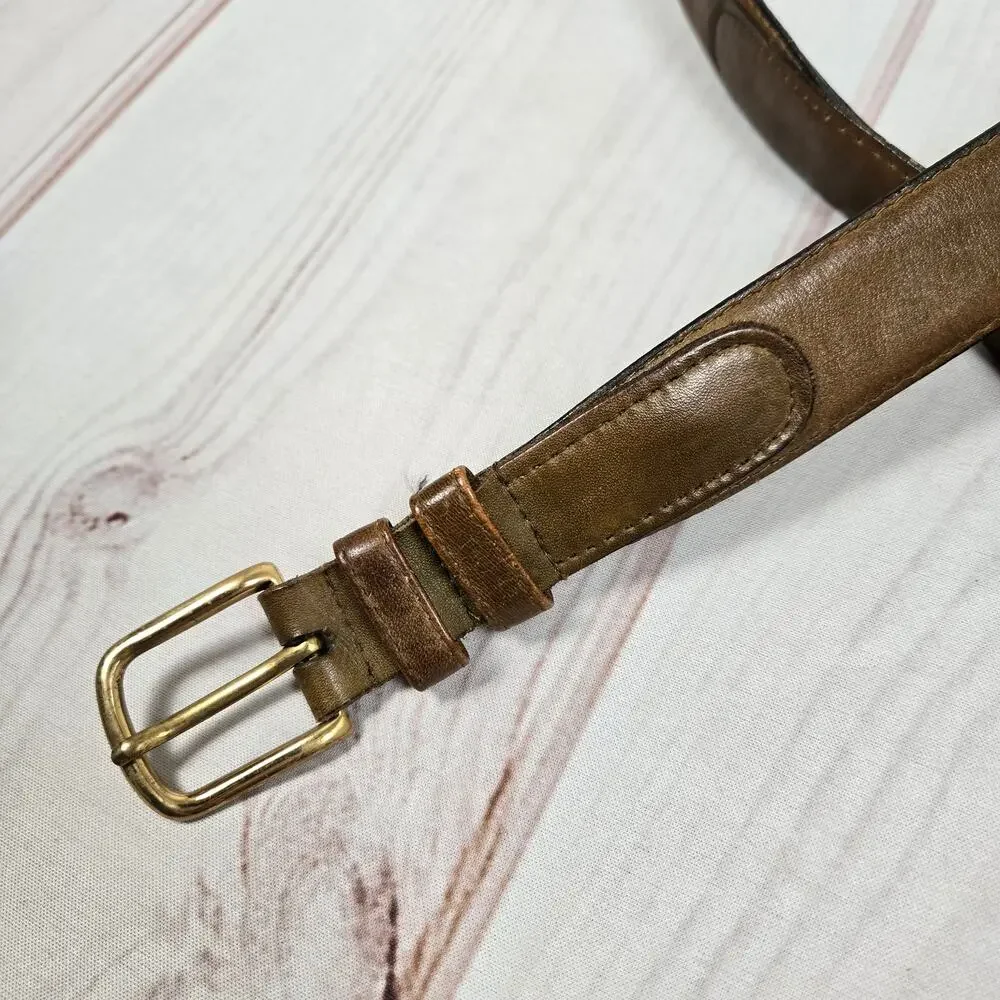 Vintage 90s Leather Belt Brass Buckle Brown Gold L/ XL